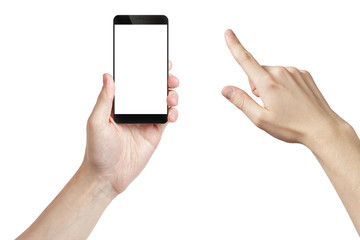 young man hand holding smarphone with white screen, isolated