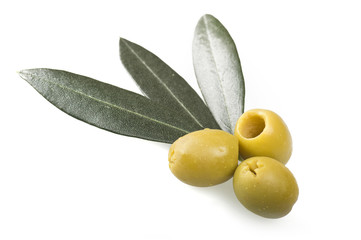 Pitted green olives close up on the white