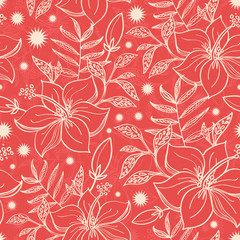 Fototapeta premium Vector red and beige tropical floral seamless pattern background