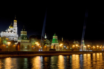 Festive illumination of the Moscow Kremlin at night.