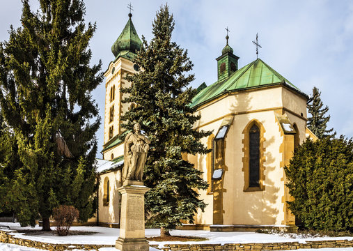 Liptovsky Mikulas, Slovakia. Cathedral and J. Crol monument