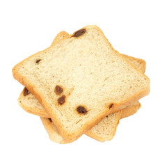 square sliced bread with raisin on white background