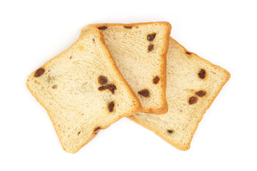 square sliced bread with raisin on white background