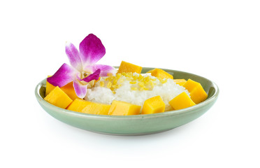 Thai style tropical dessert, sticky rice eat with mangoes