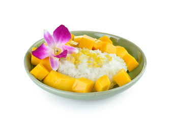 Thai style tropical dessert, sticky rice eat with mangoes
