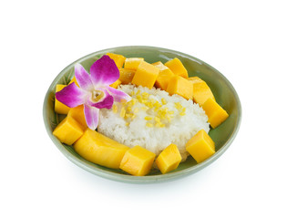 Thai style tropical dessert, sticky rice eat with mangoes