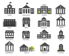 Black and white government buildings icons set 