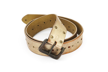 old light brown ladies leather belt on white background