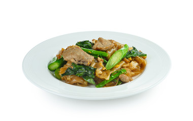 Stir-fried Noodles with pork and  chinese broccoli  on white bac