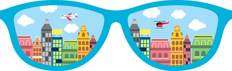 flat style illustration of modern city on sunglasses