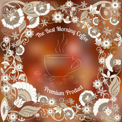 a cup of coffee in an abstract floral frame