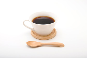 ホットコーヒー 木のティースプーン 白バック