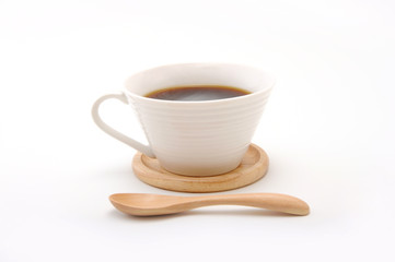 ホットコーヒー 木のティースプーン 白バック