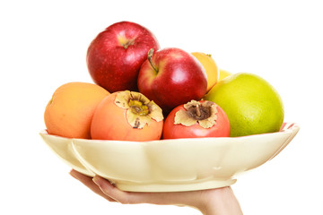 housewife or seller offering healthy fruits isolated