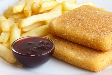 Plate of golden fried cheese, chips, cranberry sauce.