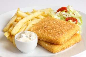 Plate of fried cheese, chips, tartar sauce, salad.