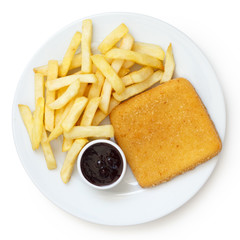 Fried cheese, chips, cranberry sauce. From above.
