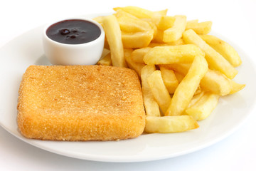 Plate of golden fried cheese, chips, cranberry sauce.