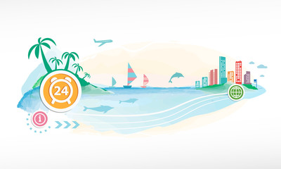 24 hours time sign icon on travel background.