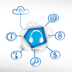 Headphones and sketch diagrams. Doodle vector illustration.