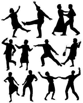 Set of silhouettes of elderly couples dancing