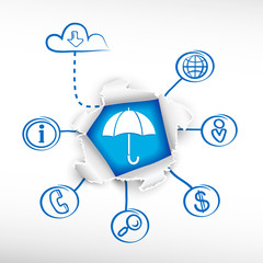 Umbrella and sketch diagrams. Doodle vector illustration.