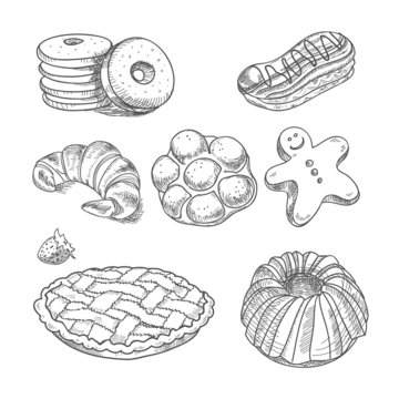 hand drawn sketch confections dessert pastry bakery products