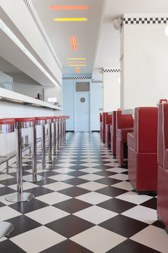 black and white tile floor in diner restaurant