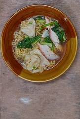 Chinese noodle and wonton topping with barbecue pork
