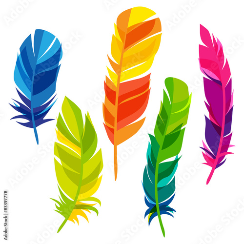 "Set of abstract bright transparent feathers on white background" Stock