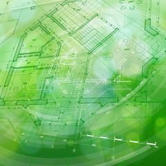 blueprint house plan & green technology radial background 