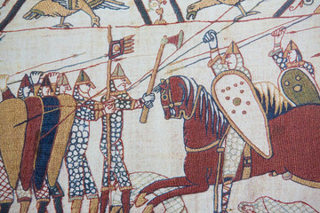 Bayeux tapestry, depicting the invasion by William The Conqueror - obrazy, fototapety, plakaty