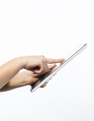 tablet in hand on white background, isolated white