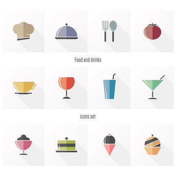 Food and drinks icons in flat design, with long shadows