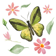 green butterfly and flowers