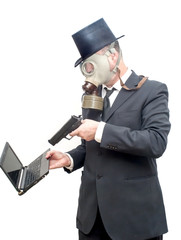 Businessman with gas mask and with a hat that is pointing with a
