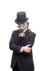 Businessman with gas mask and with a hat