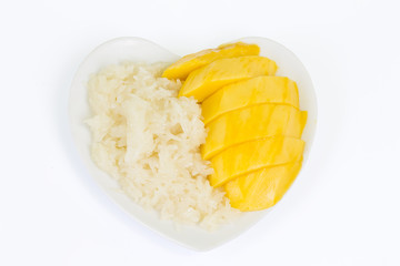 Mango with sticky rice on white background, clipping path includ