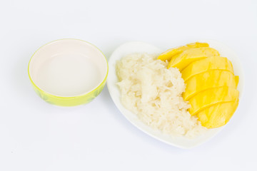 Mango with sticky rice on white background, clipping path included