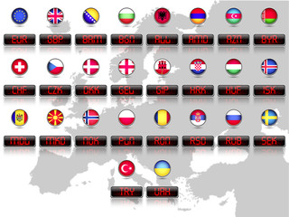 Countries flags with official currency symbols, Europe