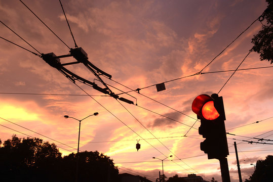 Traffic light at sunset