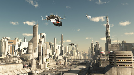 Scout Ship Landing in a Future City, Scifi illustration