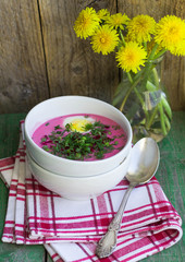 Beetroot soup. Holodnik. Cold soup made from beets, cucumbers, e