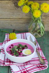 Beetroot soup. Holodnik. Cold soup made from beets, cucumbers, e