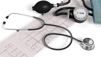 Stethoscope,sphygmomanometer and cardiogram  isolated on white