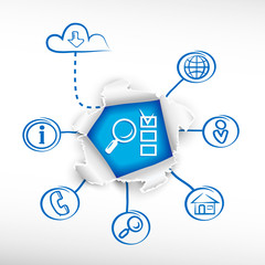 Magnifying glass, checklist  and sketch diagrams.