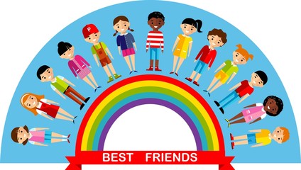 Set of children on the rainbow umbrella in Friendship Day
