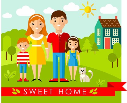 Vector illustration of european family and house in flat style
