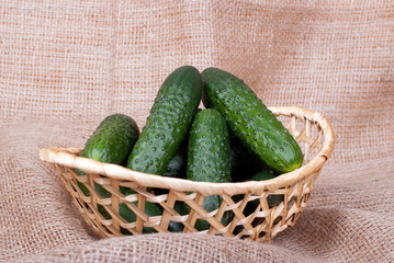 Several cucumbers in a wicker basket lying on sackcloth, side vi