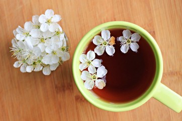 breakfast blossom infusion tea wooden table